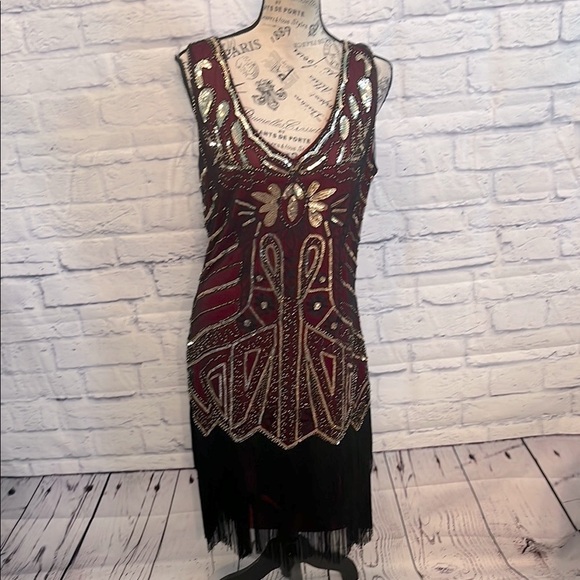 Babeyond Flapper Dress 1920s Style Fringed Beaded Embroidered Sequins V-neck NWT - Picture 1 of 10